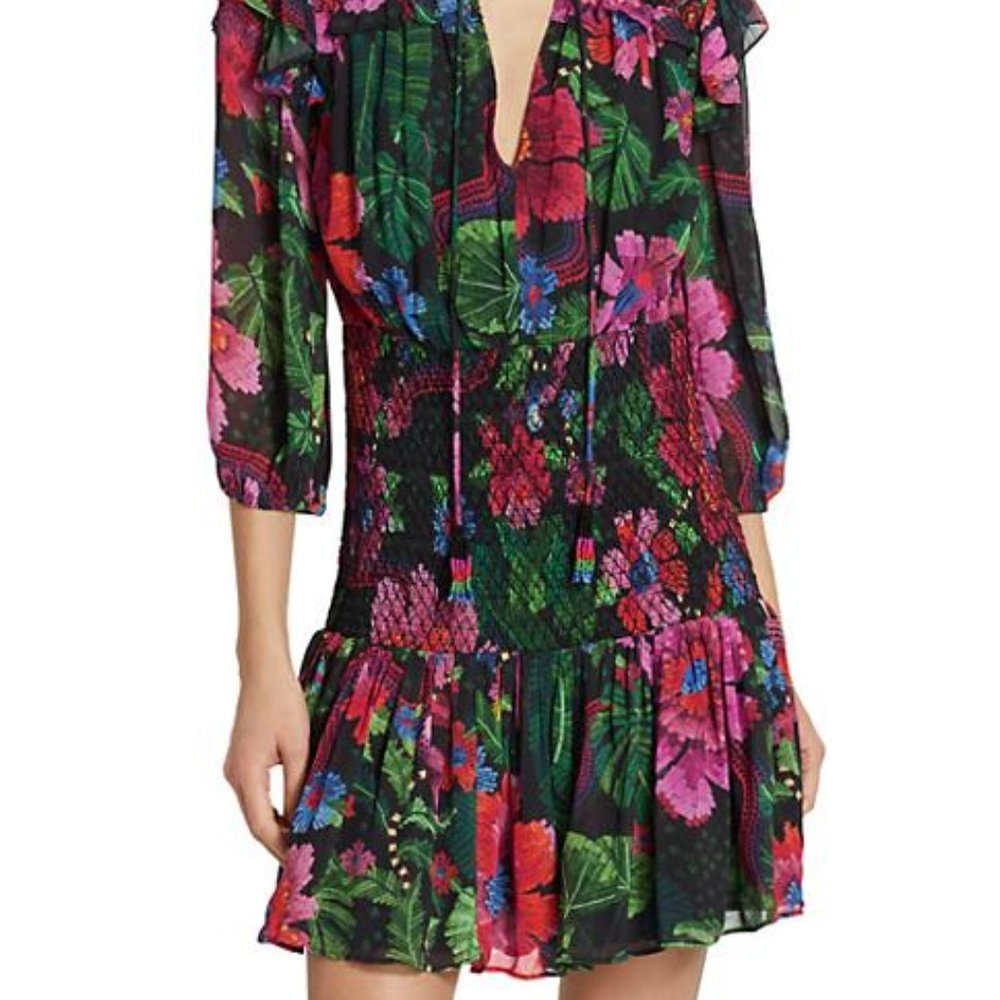 Farm Rio NWOT Blooming Garden Floral Smocked Minidress Size Small - Picture 5 of 7